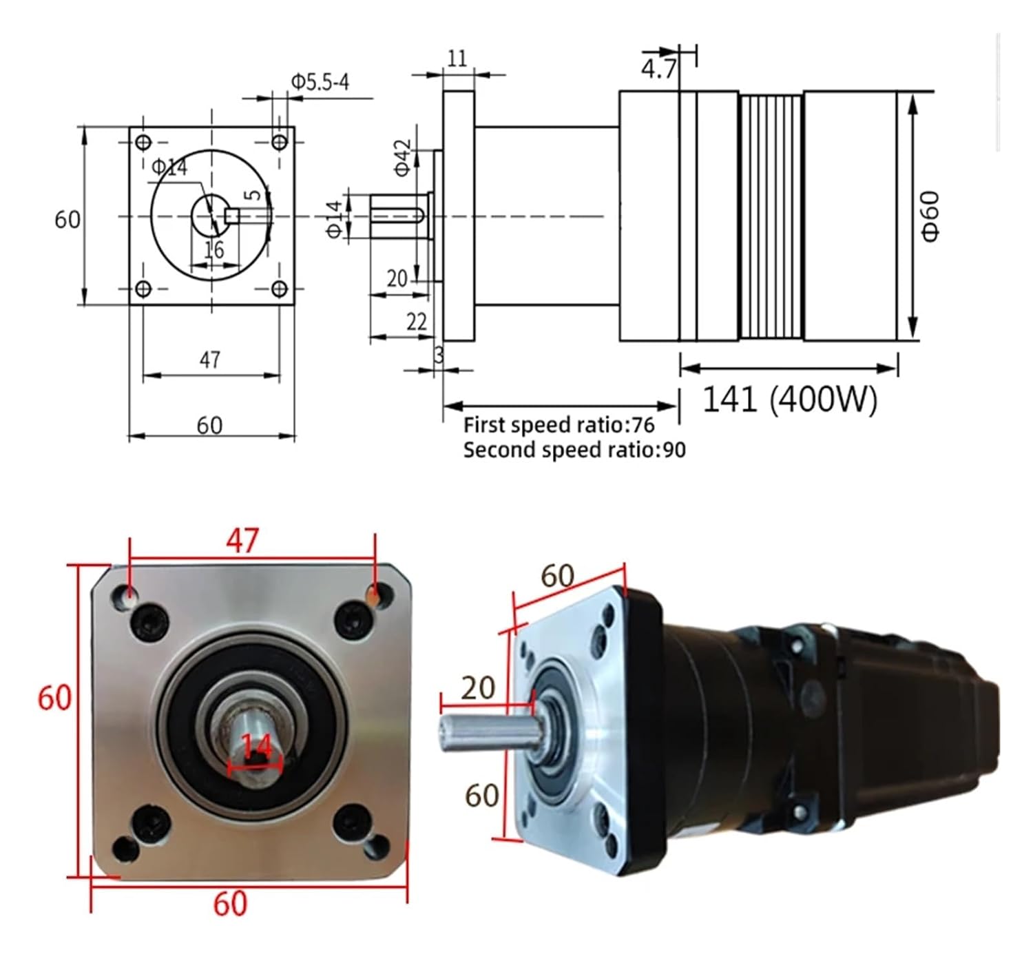 Permanent Magnet DC Deceleration Brushless Motor 48V 400W Motor with Driver GearboxReducer Kits(10)