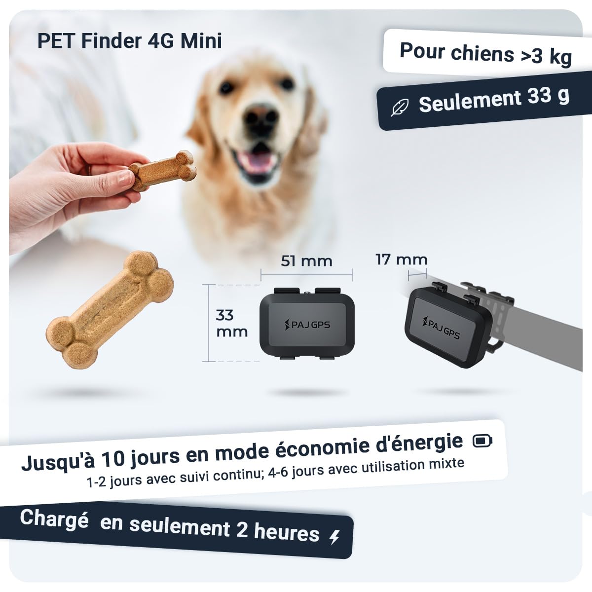 PAJ Traceur GPS 4G Mini + LED pour Petits Chiens, INCL. 3 Mois | Alerte anti-fugue - Suivi en temps réel - 100% étanche - Compatible tous colliers/harnais - Batterie jusqu'à 10 jours