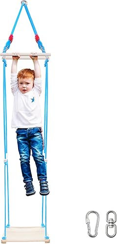 Monopatín de madera para niños, 3 en 1 de pie, equilibrio de ejercicio y coordinación corporal, columpio de árbol para exteriores (cuerda azul)