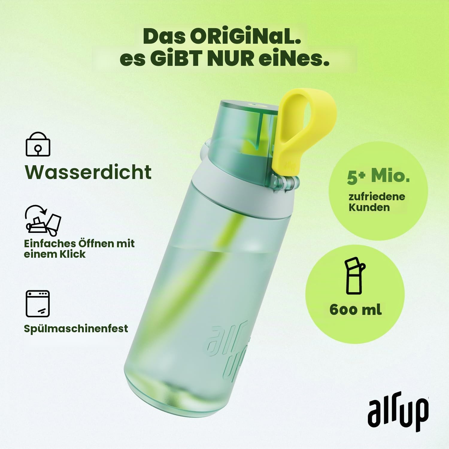 AIR UP Trinkflasche Click Turtle Green Original Starterset mit Pods in 5 Geschmacksrichtungen | 600ml Trinkflasche mit zuckerfreiem Geschmack | spülmaschinengeeignet, BPA-frei