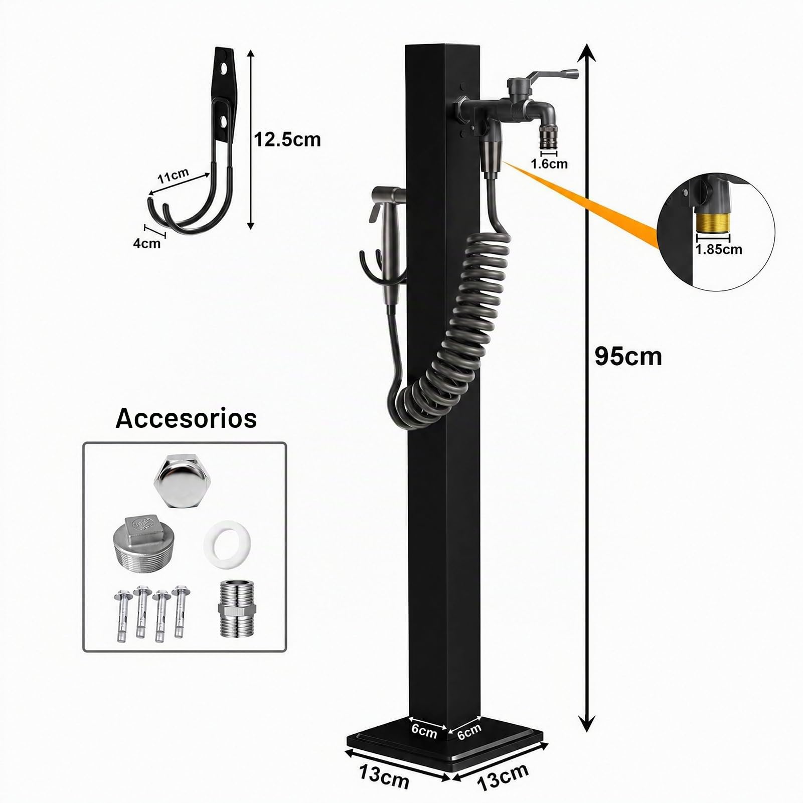 Columna de Agua para Jardín, Grifo de Jardín Negro con Pistola y Manguera, Columna de Grifo Exterior de Pie de Acero Inoxidable, Poste de Agua, Fuente Jardín, Resistente a Las Heladas 95 cm