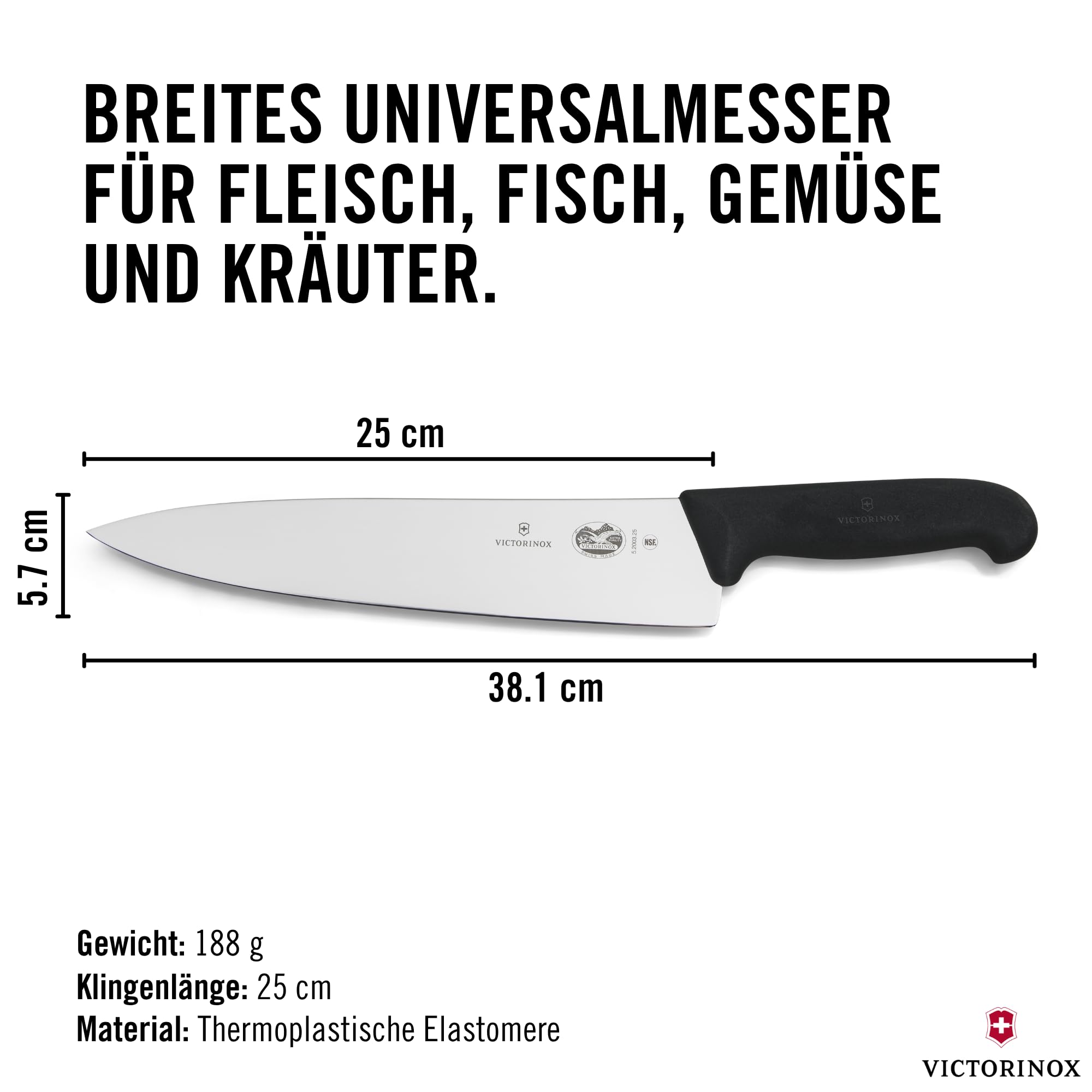 Victorinox Fibrox Kochmesser, Breites Universalmesser für Fleisch, Fisch, Gemüse und Kräuter, 25 cm, Gerade Klinge, Scharf, HACCP geeignet, Schwarz