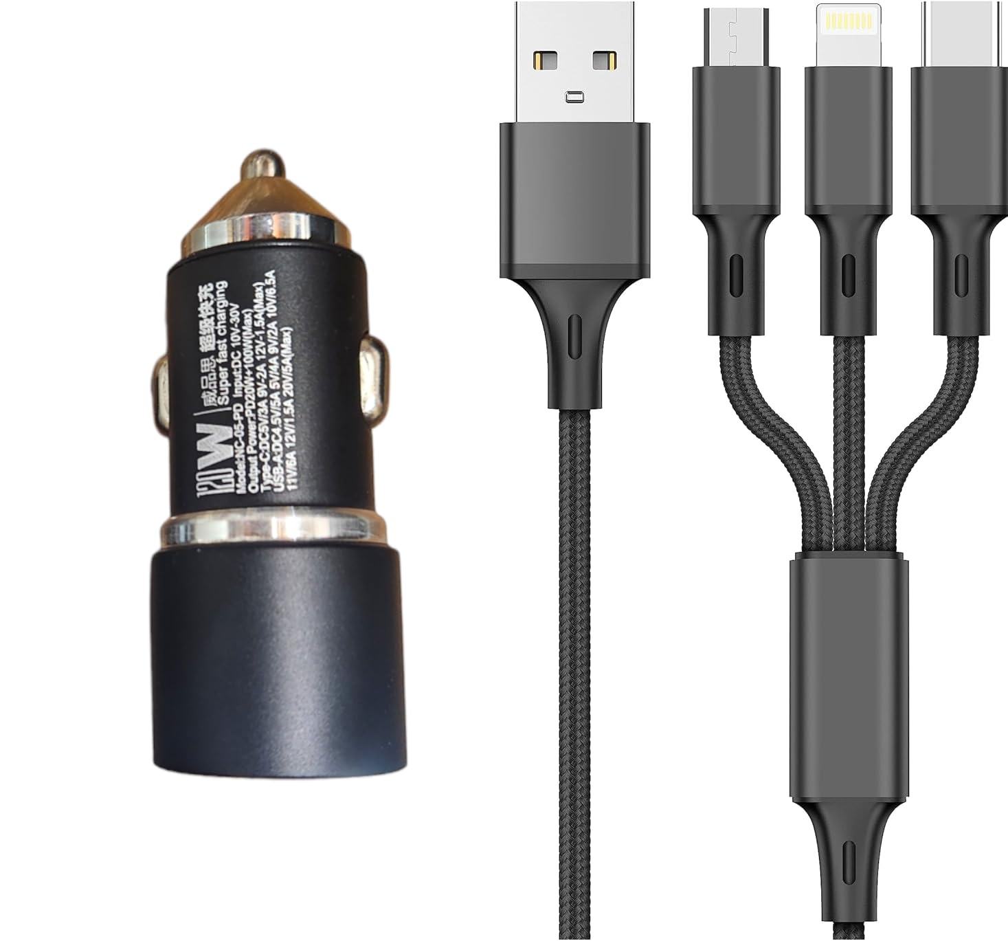 QAWACHH 20 W +100 W(max) Dual Charging Point with 3 Different Port Cable (Type C & Android) for Quick Charging Included USB Cable, Black