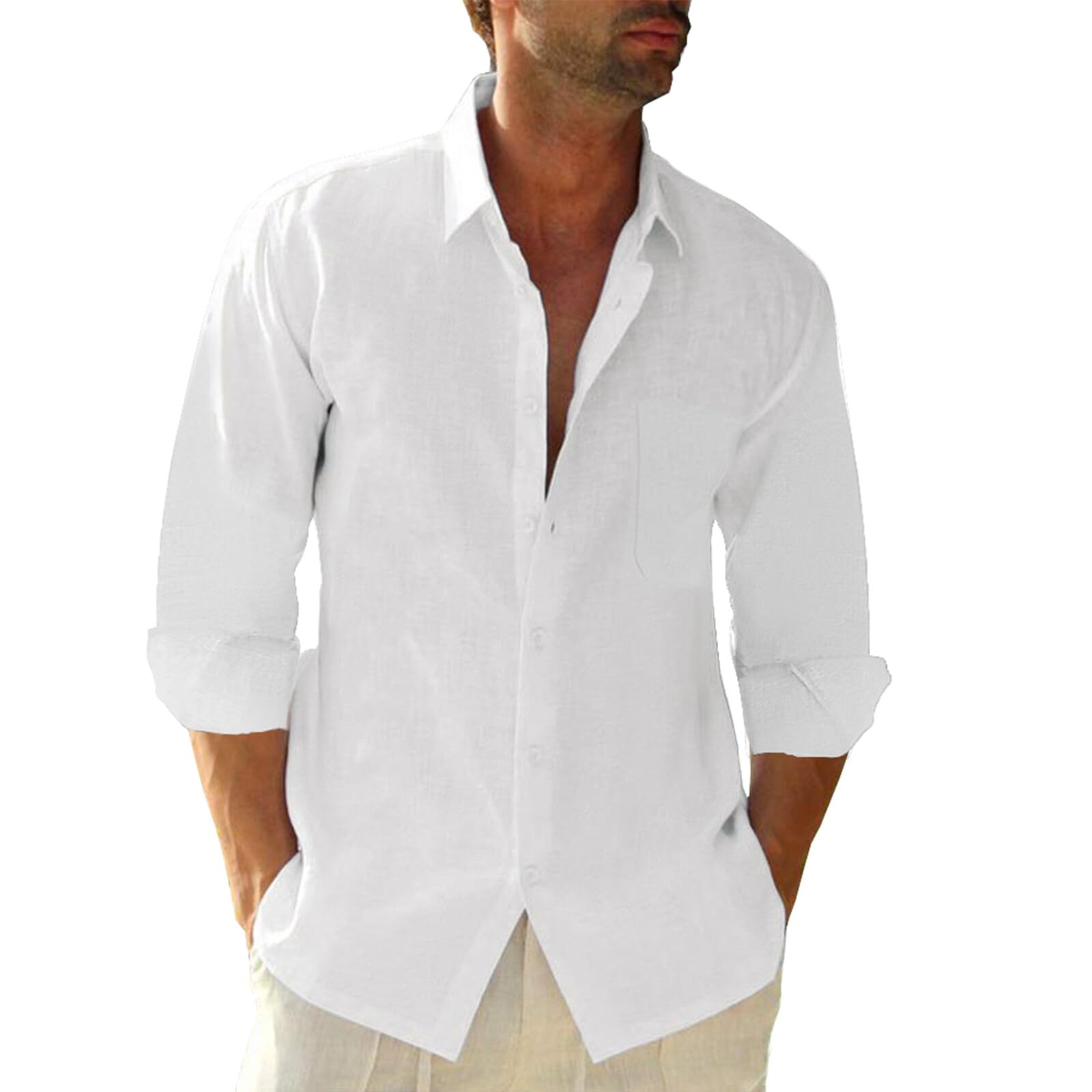 Mens Button Down Cotton Linen Shirts Casual Long Sleeve Beach Tops