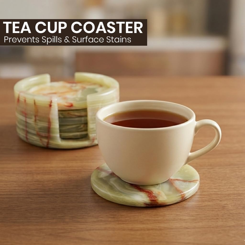 Marble Coasters Set of 6 with Holder, 3.5 Inch Round Drink Coasters for Tabletop and Coffee Table Decor, Green Onyx