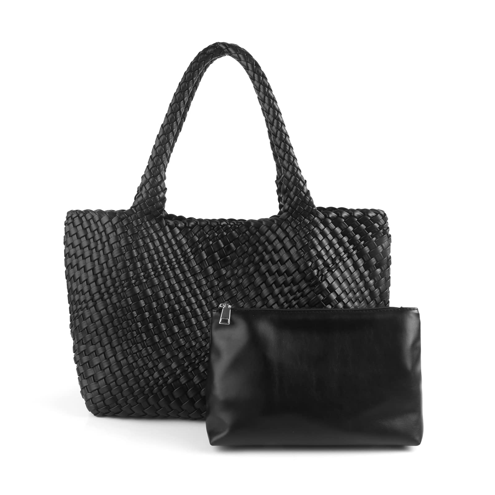 LMKIDS Woven Bag for Women, Vegan Leather Tote Bag Large Summer Beach Travel Handbag and Purse Retro Handmade Shoulder Bag (Black)