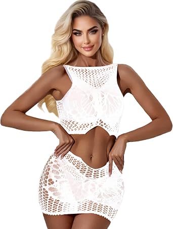 Lingerie Sets for Women Sexy Slit Two Piece Mesh Fishnet Crop Top Bodycon Mini Skirts Chemise Set Cover Up Swimsuit
