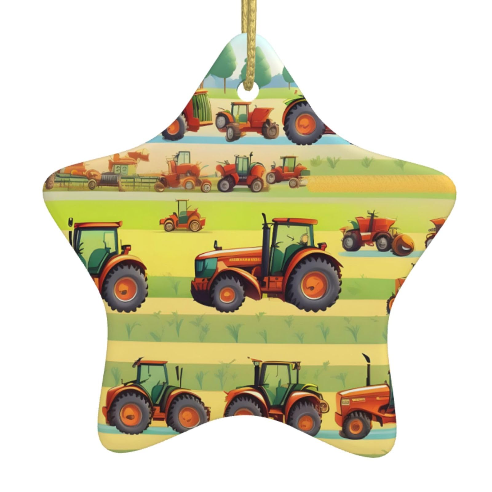 Nbtghga White Tractor Farming Print Christmas Ornaments, Ceramic Hanging Ornament, Round Shape Decorations