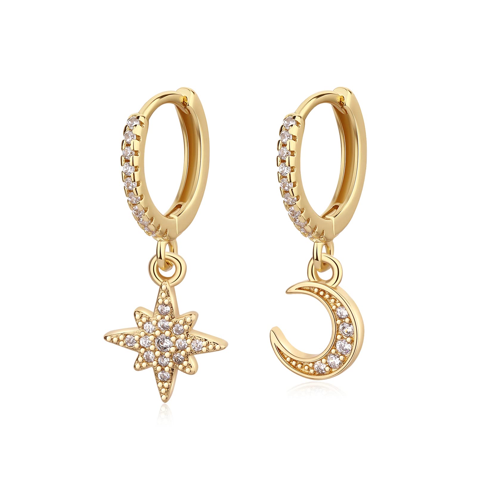 Gold Mini Dangle Huggie Earrings for Women, Dainty 14K Gold Plated Cubic Zirconia Small Hoop Earrings with Charm Drop, Jewelry Gift for Women Ladies