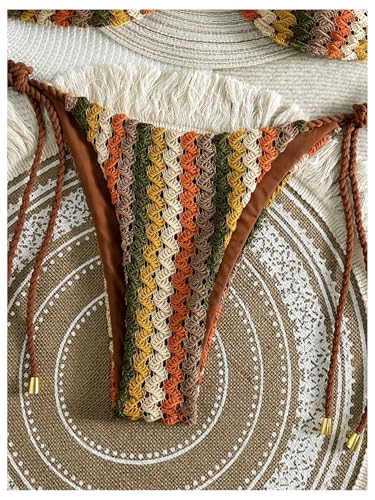 GORGLITTER Women's High Cut String Thong Bikini Set Colorful Striped Cheeky Boho Swimsuit Bathing Suit4