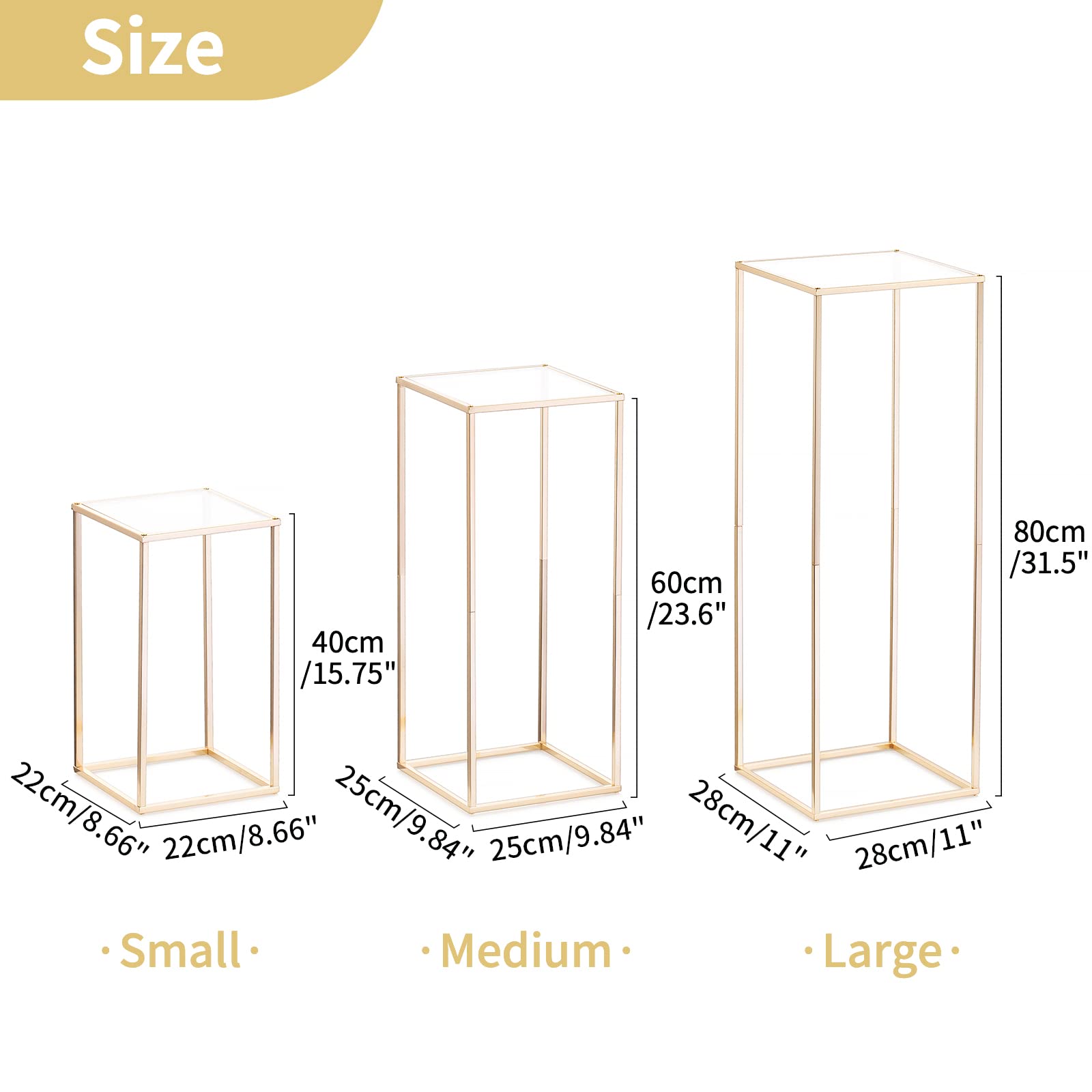 Nuptio Jarrón Dorado para Centros Mesa Boda con Panel Acrílico - Jarrones Altos 3 Piezas para Flores Columna Metal Soporte Centro Mesa Geométrico para Fiesta Cumpleaños Decoración(40cm/60cm/80cm)