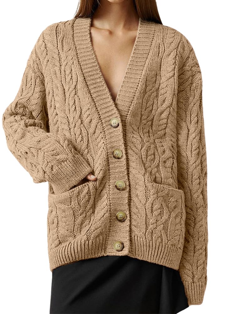 chouyatou Womens 2025 Fall Outfits Cable Knit Cardigan Button Down Chunky Knit Work Casual Sweater Cardigan
