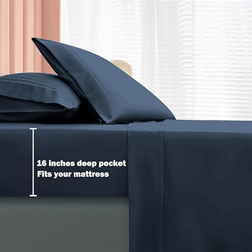 Miniatura 4 de Juego de sábanas de poliéster de bambú tamaño individual, juego de sábanas refrescantes y transpirables, juego de sábanas con bolsillo profundo de
