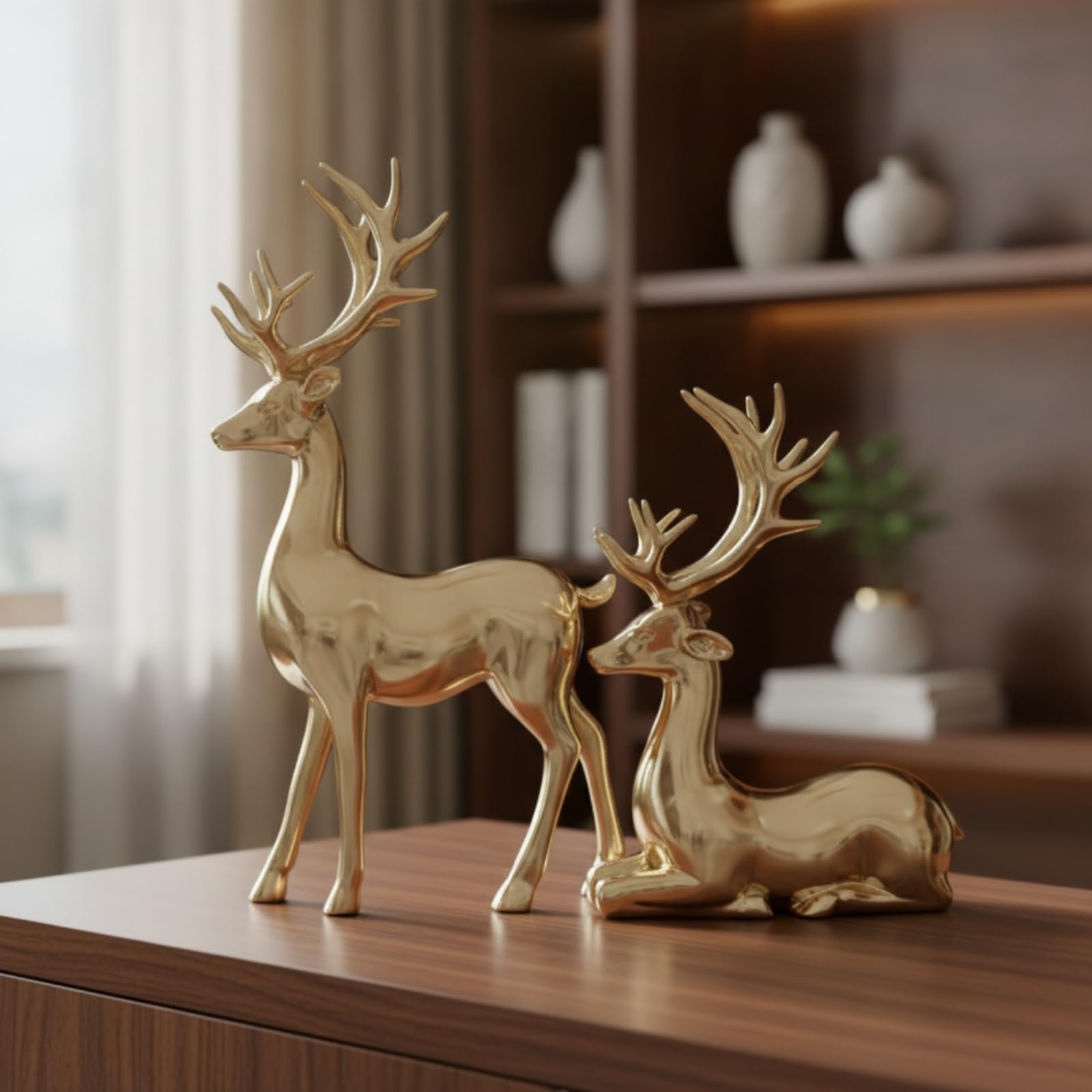 Figura de Ciervo Estatua Escultura Adorno Ornamento con Diseño Elegante y Brillo Espejo en Resina Combina con Interiores Modernos Adecuada para Mueble, Azul