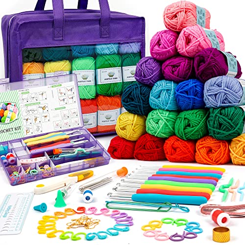 Image of Inscraft Crochet Yarn Kit for Beginners Adults & Kids, Includes 1650 Yards 30 Colors Acrylic Skeins, Hooks, Purple Bag etc, Make Amigurumi & Crocheting Projects, Starter Set for Professionals