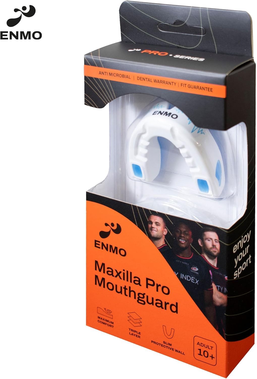 Enmo Maxilla Pro Ochraniacz na zęby – z etui, dla dorosłych i dzieci w wieku 10+, potrójna warstwa, kanał żelowy, technologia Breathing Channel Tech, Boil & Bite, antybakteryjny, rugby, boks, MMA,