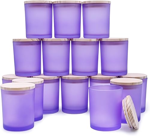 Tarros Gruesos para Velas para Hacer Velas 16 Pzas, 7 OZ Tarros Vacíos con Tapas de Madera para Hacer Velas, Contenedor de Muestra, Morado Esmerilado