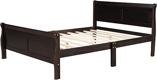 Miniatura 6 de TRIPLE TREE Base de cama de plataforma de madera tamaño Queen, base de colchón con cabecera y estribo para dormitorio, cama de trineo con soporte de