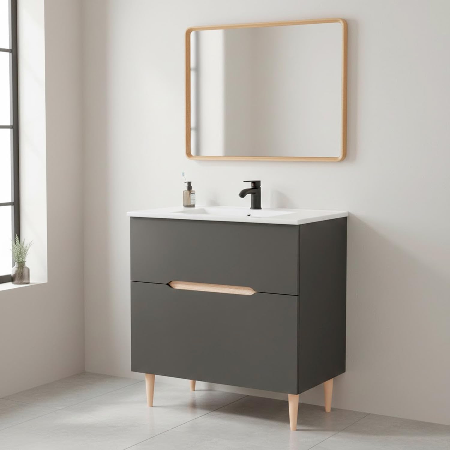 Arreditaly Mobile Bagno A Terra Con Lavabo In Ceramica E Specchio Inclusi 1 Cassetto Soft Close E 1 Anta A Vasistas Design Moderno Salvaspazio 80 x 45 x 80 Cm Colore Grigio Antracite E Rovere