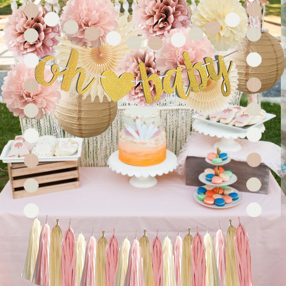 Dusty Pink Boho Baby Shower Decorations Champagne Gold Beige Baby Shower Decorations for Girls Neutral Blush Pink and Beige Party Decorations with Tissue Paper Pom Poms Cream Boho Tassel Garland