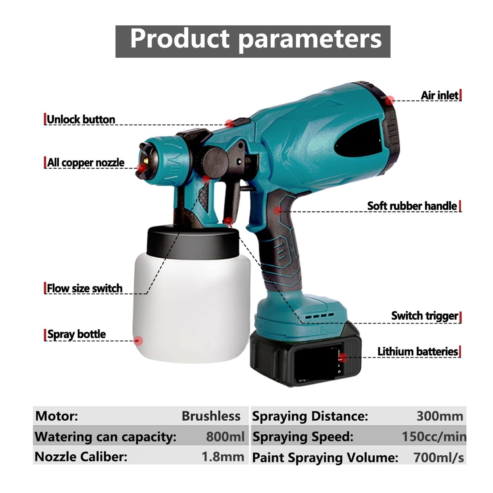Pistolet natryskowy, 800ML aerograf elektryczny pistolet natryskowy bezprzewodowy pistolet do malowania mebli samochodowych aerograf z powłoką stalową do akumulatora 18V | One big battery