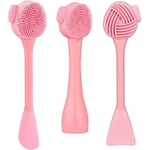 Silicone Facial Cleansing Brush 3 Designs, Beomeen 4 in 1 Handheld Face Scrubber for Deep Gentle Exfoliating, Double-Ended Face Wash Scrub Brush for Face Skincare and Massage (Pink)