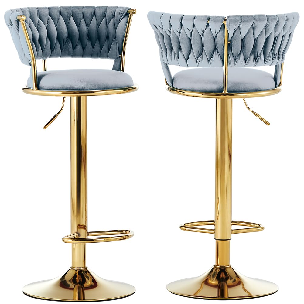 BAKAJI Set 2 Sgabelli da Cucina con Rivestimento in Velluto e Schienale Intrecciato e Altezza Regolabile, Sedie da Bar, Ristorante, Struttura Girevole in Oro con Poggiapiedi, Design Moderno (Grigio)