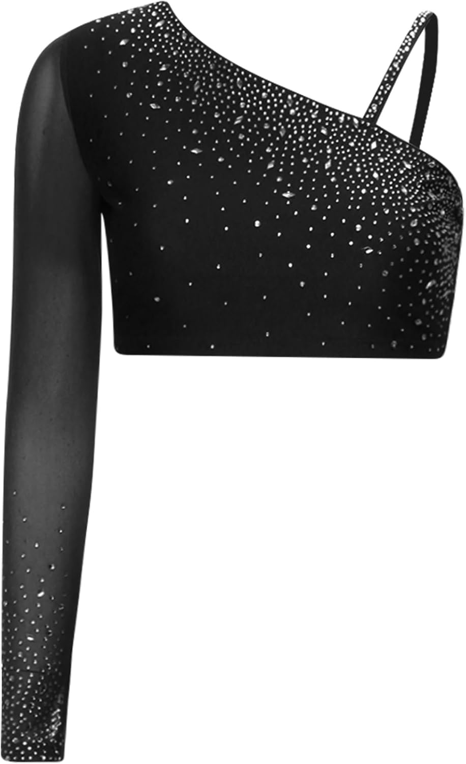 JEYPINMI Women Big Girls One Shoulder Long Sleeve Sequins Figure Skater Crop Top Ballet Athletic Shirts
