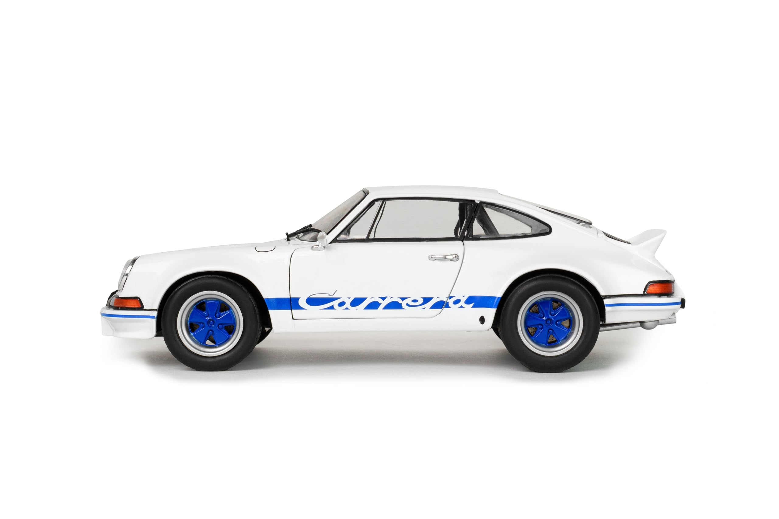 Solido Porsche 911 RSR 1973 – Diecast Voiture Miniature de Course Classique 911 avec décor Carrera, carrosserie détaillée et Jantes de Sport, Blanc avec des Accents Bleus, 1:18