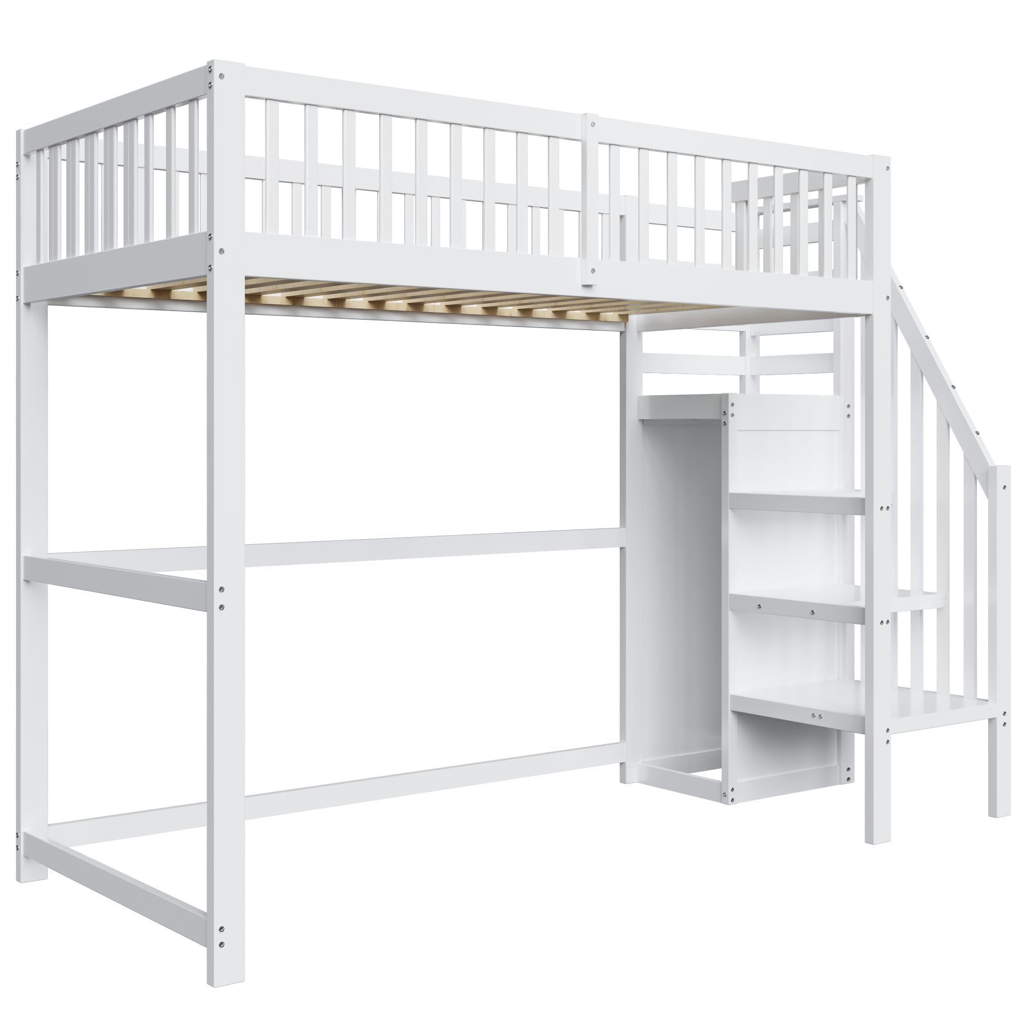 Azkoeesy Letto a soppalco singolo per bambini e adulti, con scala e armadio, protezione anticaduta e rete a doghe, spazio di archiviazione sotto il letto, bianco, 90 x 200 cm