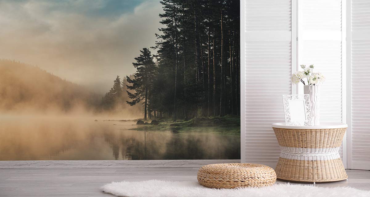 Muralo Fototapete Vlies Wald im Nebel, See, Bäume, XXL - 270x405 cm