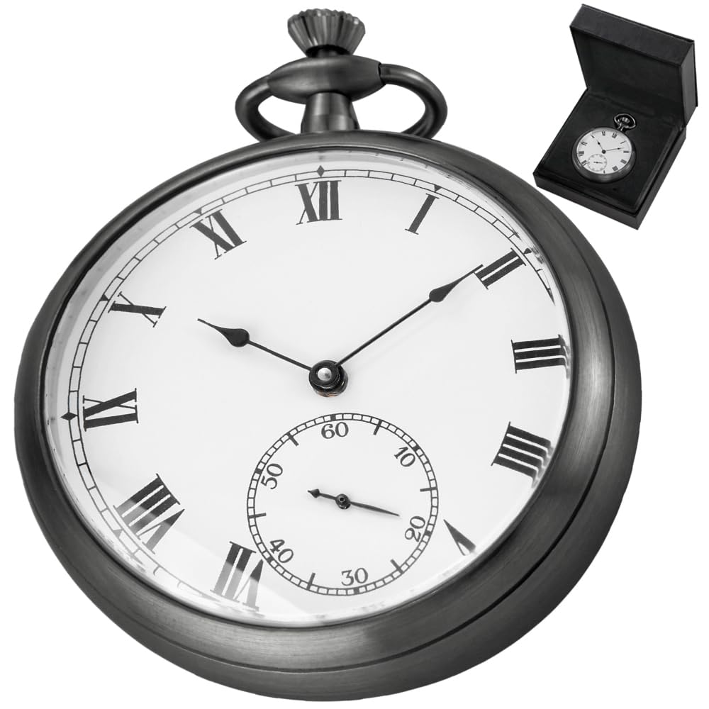 Resistance Full Steel Pocket Watch Mechanical Hand Wind Antique Clock Honed Stainless Original with Chain & Box, black, everyday-image-15