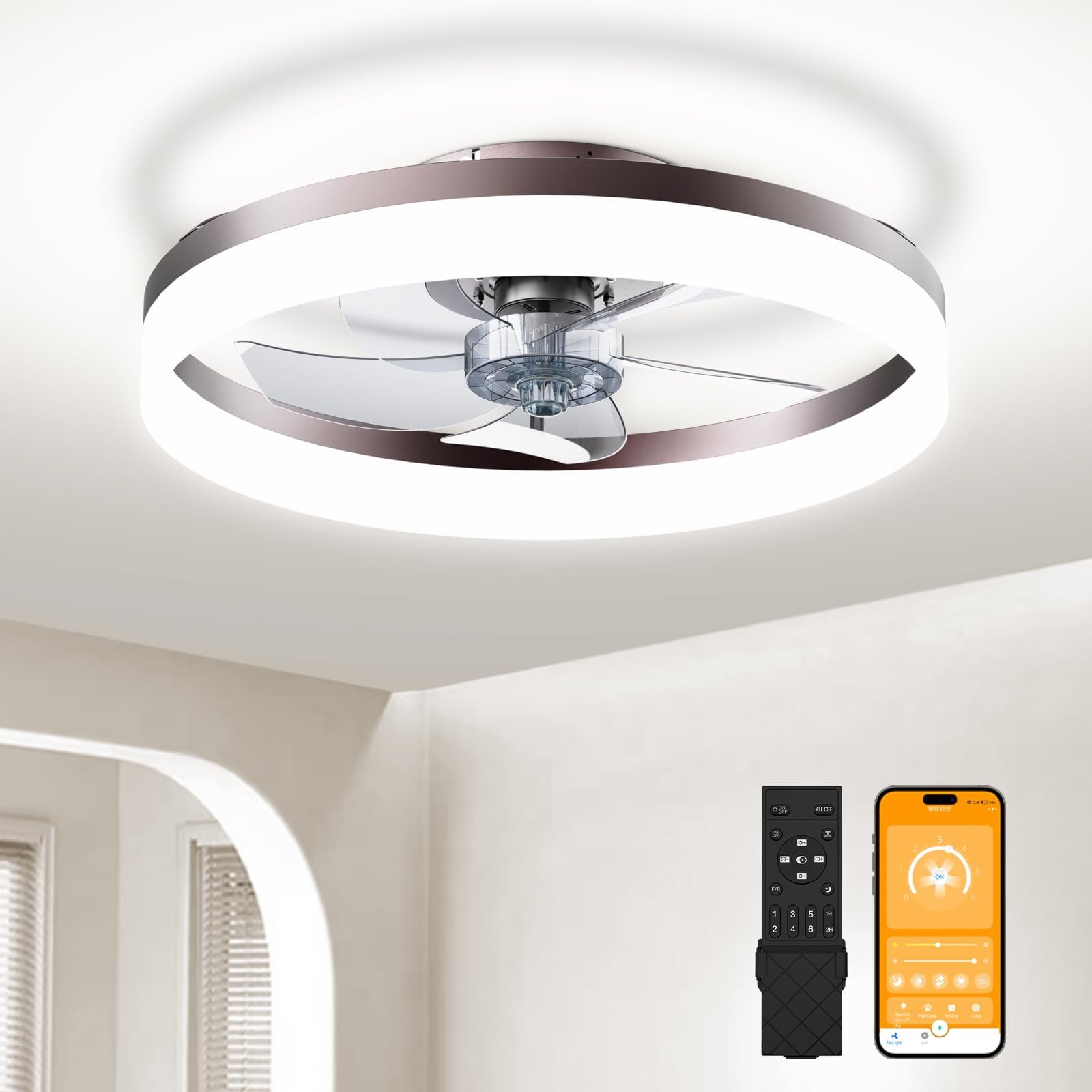 19.7" Low Profile Flush Mount Ceiling Fan with Light Remote & App Control | 6-Speed Reversible & Silent Fan with 3000K-6500K Adjustable Lighting for Living Room, Bedroom, Kitchen