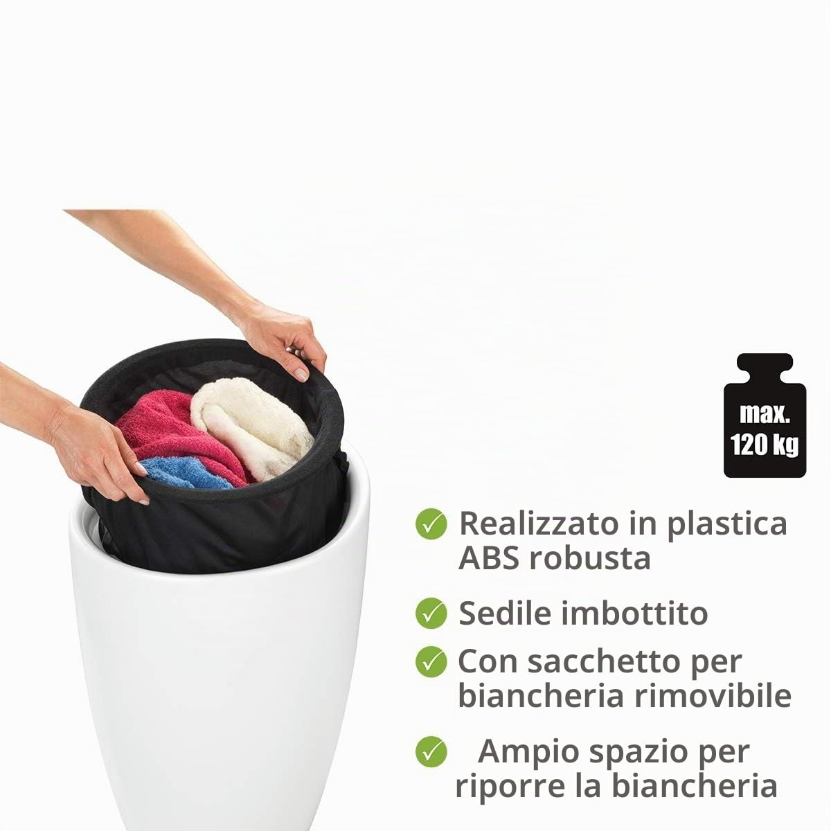 Wenko Sgabello Candy Bianco opaco - Sgabello da bagno, con sacco biancheria estraibile, ABS, 36 x 50.5 x 36 cm, Bianco