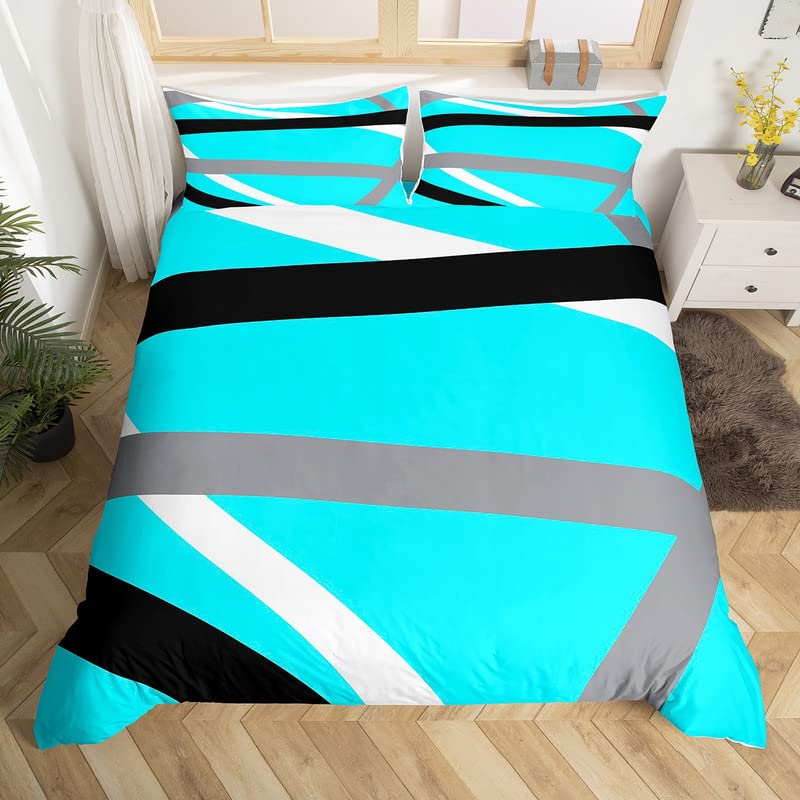 Blue Black Gray Stripes Bedding Set Double Modern Abstract Geometric Comforter Cover Set for Women Men Lines Duvet Cover Breathable Bedspread Cover Quilt Cover — image 1