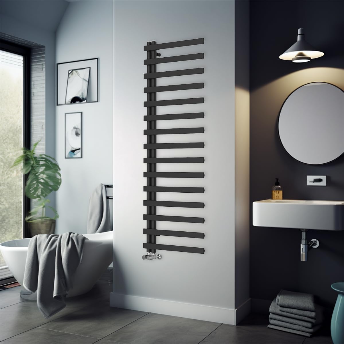 Warmehaus Black 1600 X 600Mm Square Designer Heated Towel Rail Bathroom Ladder Radiator Warmer - Central Heating Towel Radiator