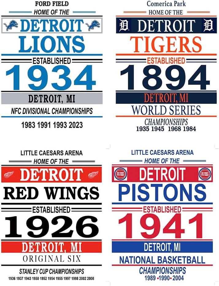 TnT Prints Detroit Sports Poster, Red Wings Wall Decor, Detroit Pistons Wall Art - Tigers Wall Art - Unframed Set of 4 (11x14)