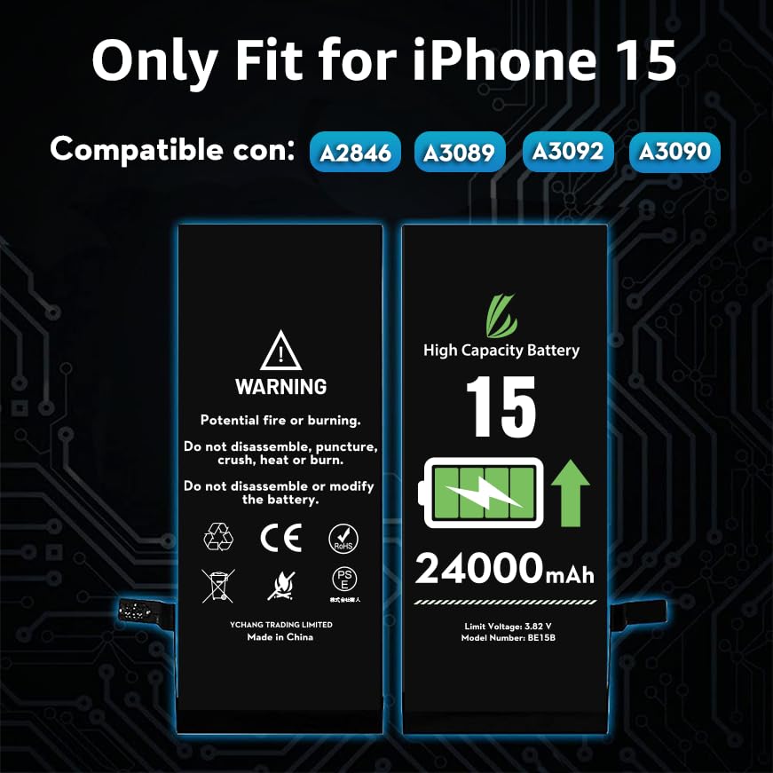 LL TRADER Battery for iPhone 15 24000 mAh High Capacity Replacement Battery for iPhone 15，(A2846、A3089、A3092、A3090) with Full Set Repair Tool Kit for USA - image 2