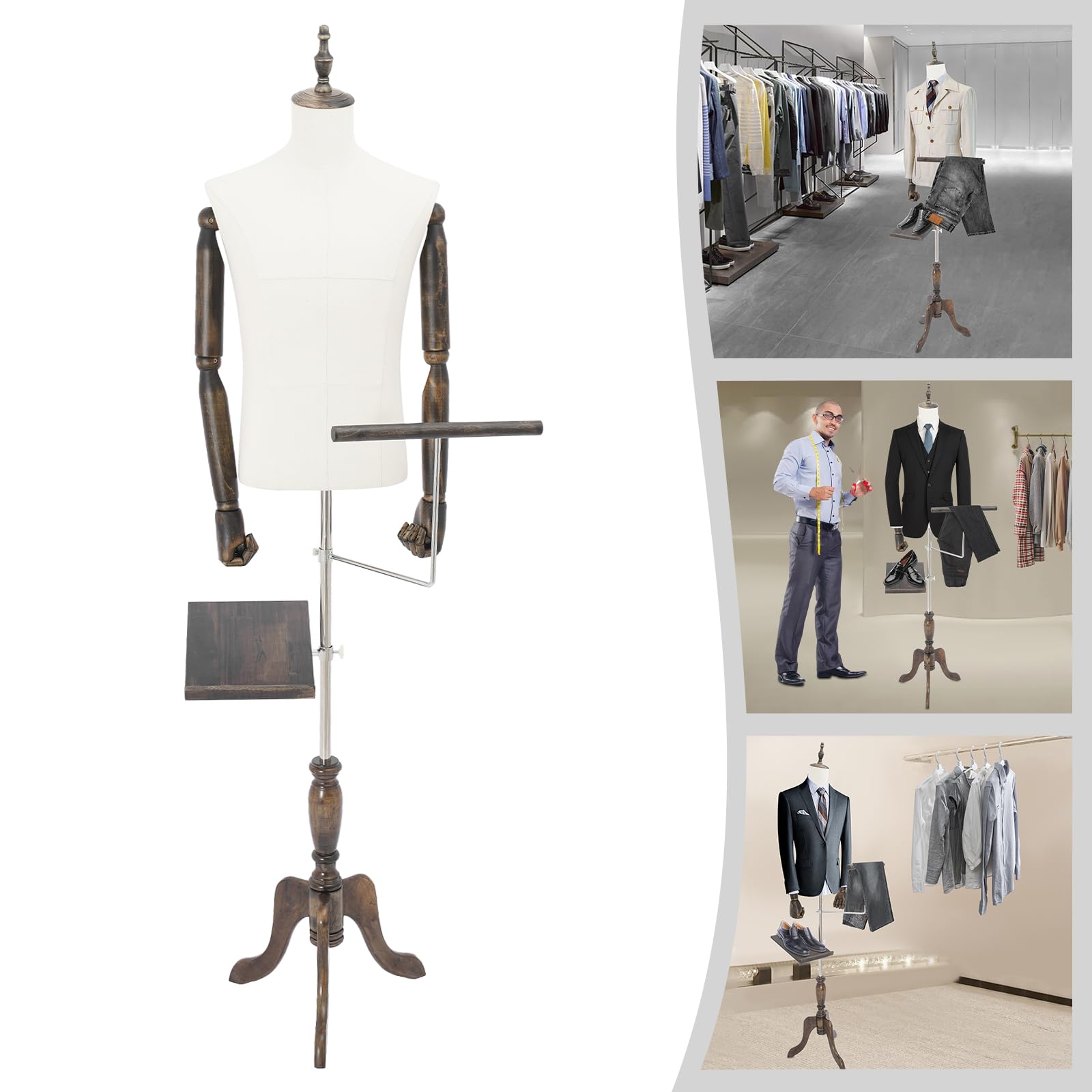 Męski manekin wystawowy, regulacja wysokości 150-180 cm, manekin z drewnianymi ramionami, powłoką z materiału i podstawą statywu, manekin na garnitury/kurtki/koszule, manekin krawiecki, biały, styl