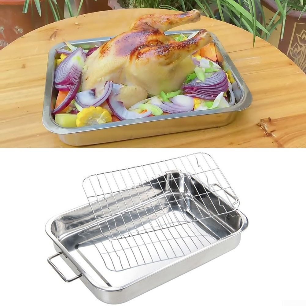 Juego de bandejas para asar, bandeja de horno de acero inoxidable con rejilla de alambre de acero, bandeja para hornear con estante para mayor comodidad (42 x 32 x 6,5 cm), 1178990180