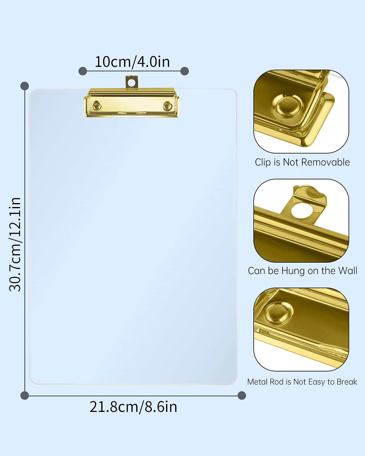MSDADA Carpeta portapapeles con clip de metal dorado, portapapeles acrílico transparente tamaño A4 Carpeta portapapeles vertical (paquete de 15)