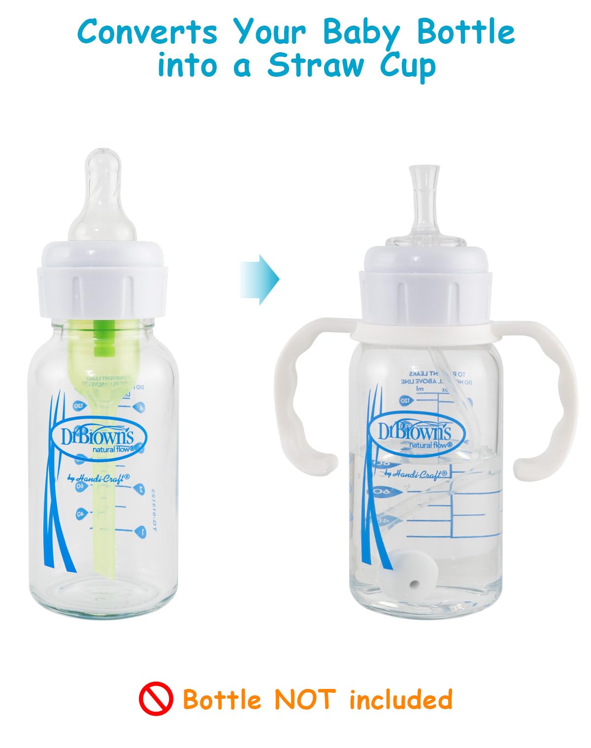 Straw Cup Conversion Kit for Dr Browns Narrow and Narrow Glass Baby Bottles, Spill-Proof Transition Kit with Silicone Straw Nipple, Weighted Straw, Handle, 4 Pack, 8m+