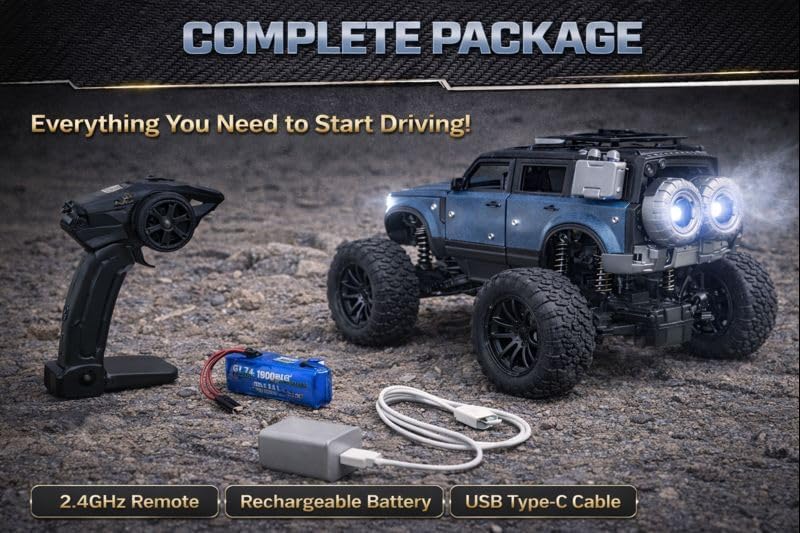 Image of 200+ Feet Range Rechargeable Metal Body Defender RC Rock Crawler Car with Double Mist Spray, LED Headlights, Type-C Port, Off-Road Remote Control Monster Truck Toy for Kids (Blue)