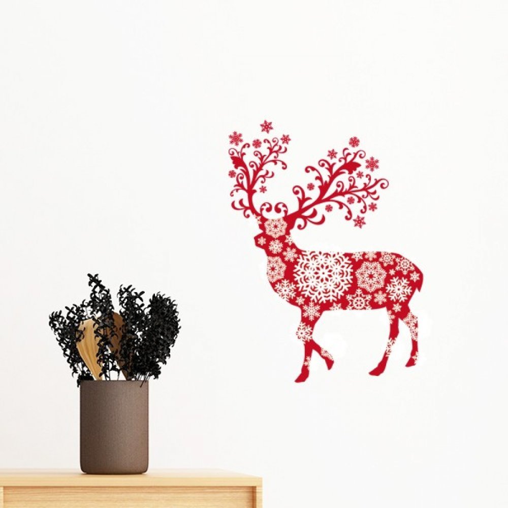 Sticker mural amovible cerf rouge et flocons de neige de 70cm pour décorer la chambre