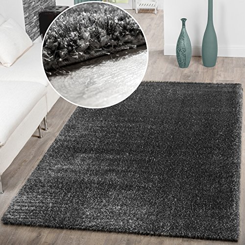 T&T Design Alfombra De Salón Moderna De Pelo Largo Elegante Lisa Suave Brillante En Gris, Größe:60x100 cm