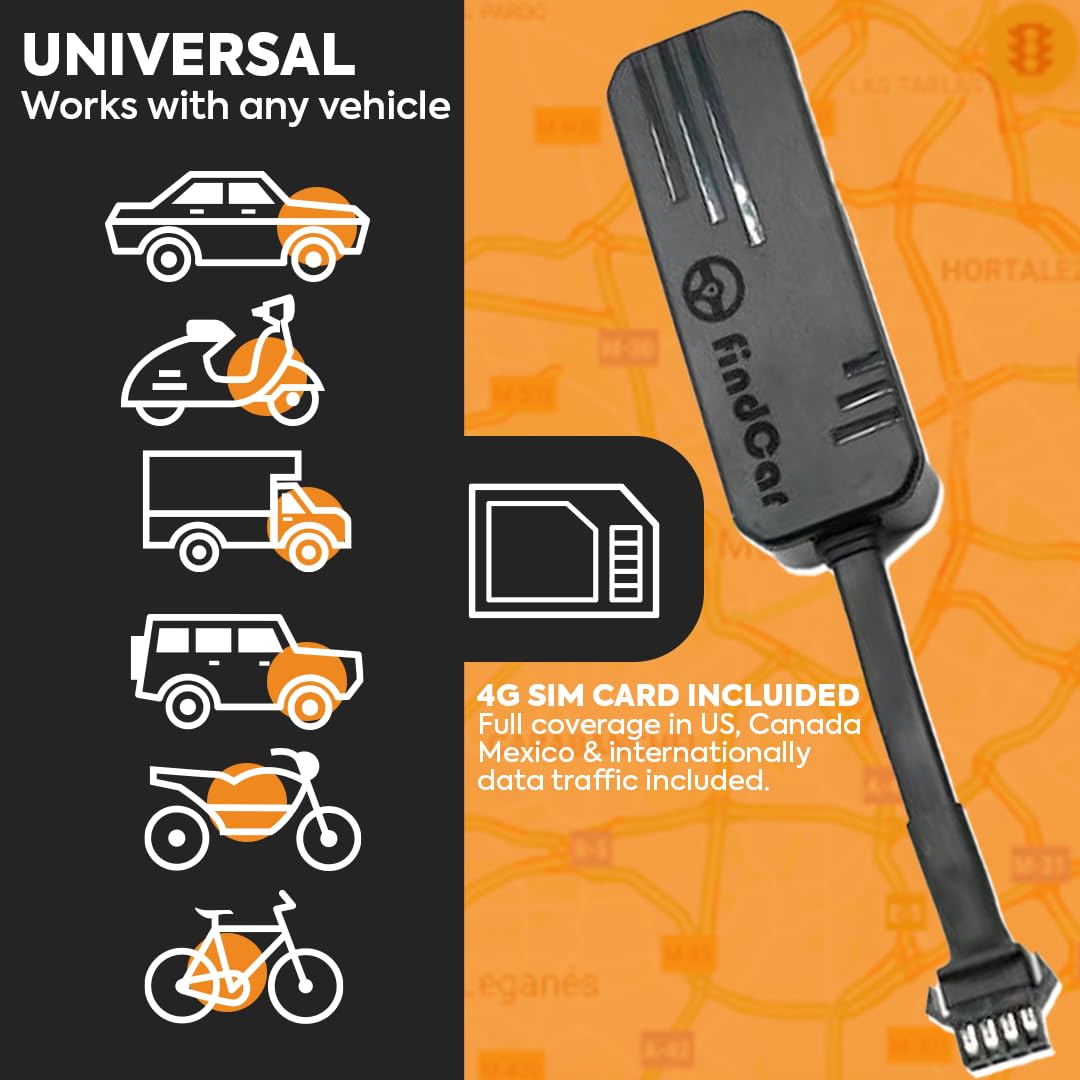 Localizador GPS 4G para Coche Moto y Camión con Conexión Directa a la Batería y SIM Integrada, Rastreador con App, Alerta Antirrobo, Exceso Velocidad y Geovalla, Suscripción Flexible