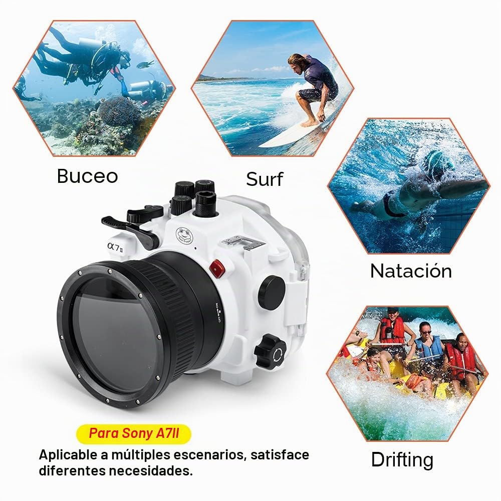 Sea frogs Carcasa submarina para cámara compatible con SonyA7II, A7R II, A7S II Pro 28-70 mm, IPX8 40 m, profundidad máxima de buceo, impermeable, para buceo, surf, remo, color blanco