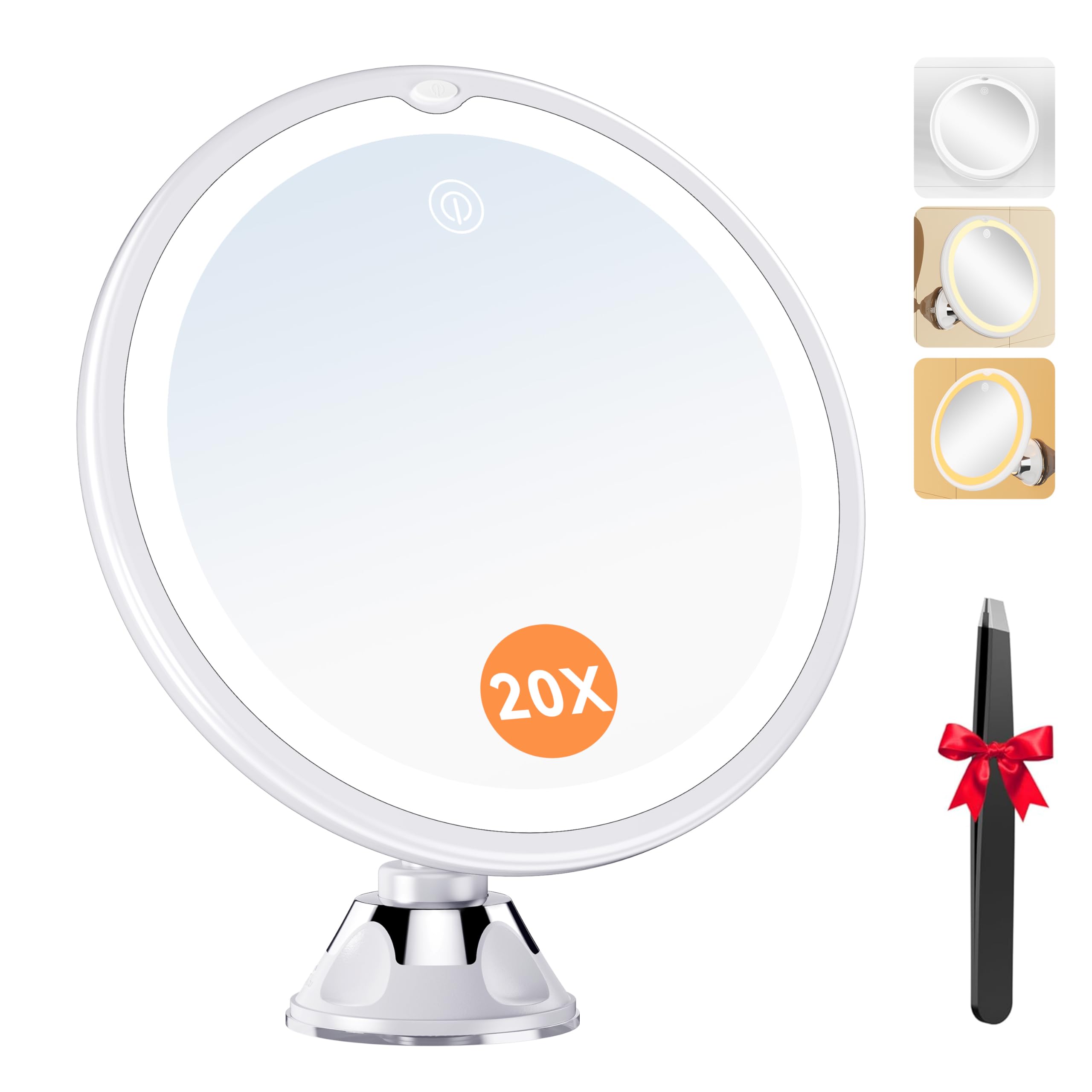 Auxmir Specchio Ingranditore 20X con Luci Specchio Trucco con Luci a 3 Colori Luminosità Regolabile Specchio da Parete 360° Girevole Specchio a Ventosa Potente per Trucco Dettagliato, Casa e Viaggio