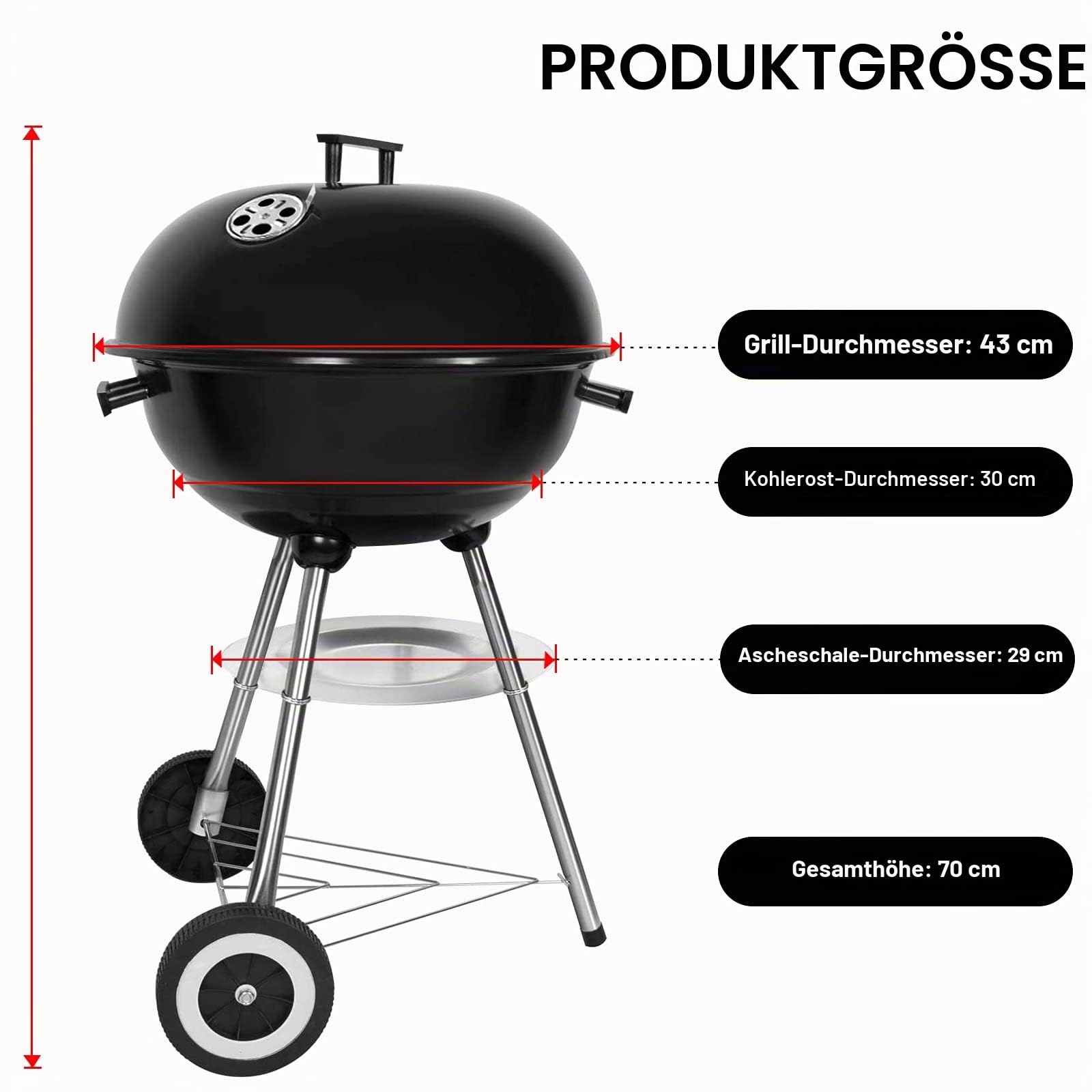 Holzkohlegrill, tragbar, rund, Deckel, Doppelräder, Grill auf Standfuß, φ 41 cm, Höhe 70 cm, Schwarz