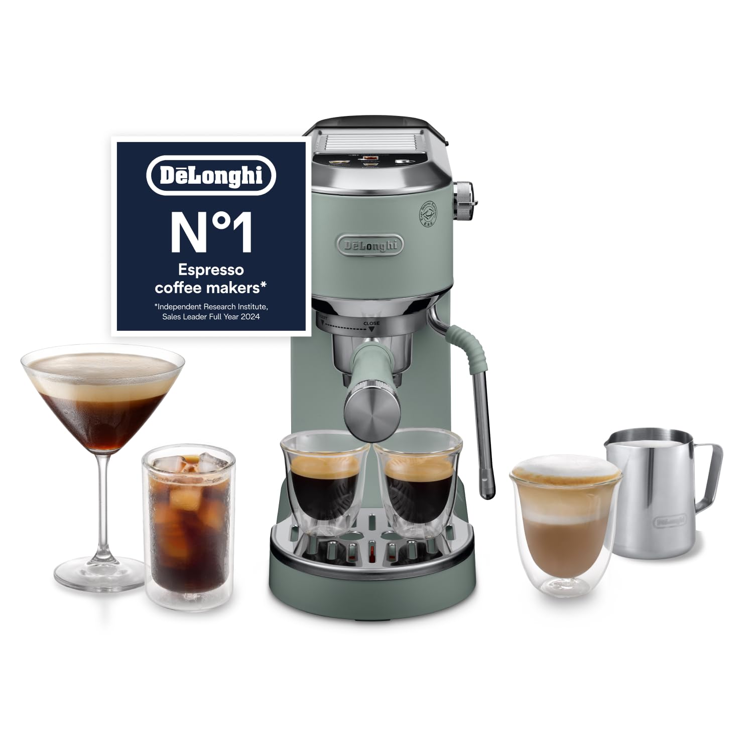 De'Longhi Dedica Duo EC890.GR, Traditional Barista Pump Machine, Espresso And Cold Brew, Manual Coffee Machine With My LatteArt Steam Wand, 15cm Wide, 2 Espresso, Touch Display, Mug up to 13cm, Green